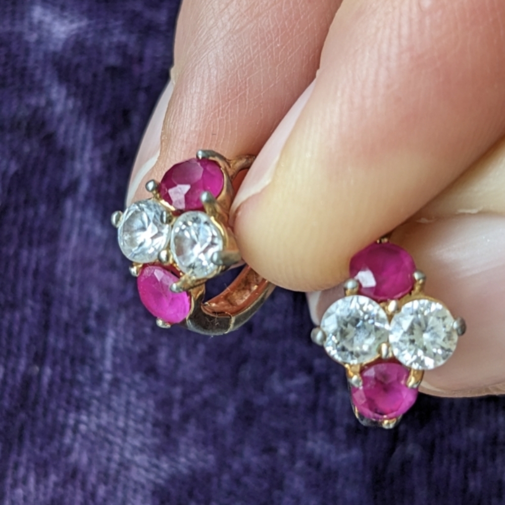 Vintage 9K Gold Plated Huggies Earrings With Deep Pink Ruby Stones
